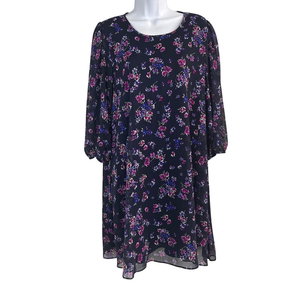 NWOT Calvin Klein Women's 12 Navy Blue Floral Chiffon Shift Dress 3/4 Sleeve